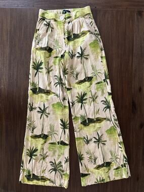 Shore Pants Womens Small Green Palm Print Linen Blend Wide Leg Pull On Vacation